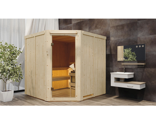 Houten hoeksauna met glazen deur in een badkamer