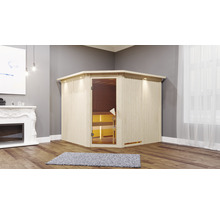Houten hoeksauna met glazen deur in een kamer