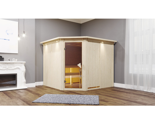 Houten hoeksauna met glazen deur in een kamer