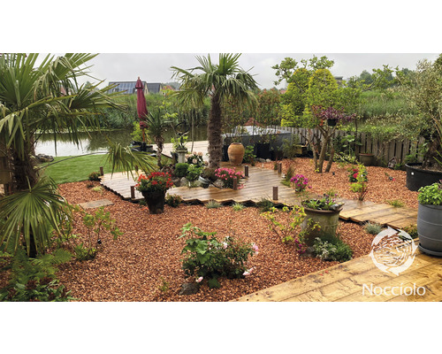 Aangelegde tuin met planten, houten vloer en decoratieve elementen