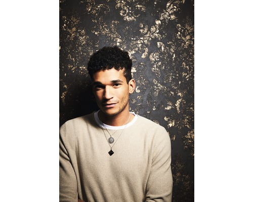 Portret van een man voor een versierde muur