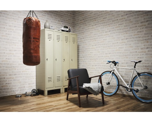 Scene met bokszak, kluisje, fauteuil, fiets en halters in een kamer met bakstenen muur