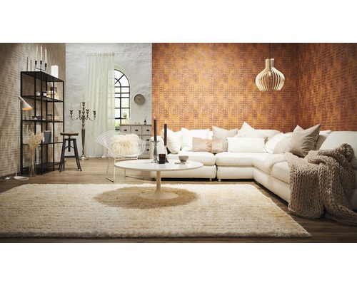 Woonkamer met bank, tapijt en rekkensysteem