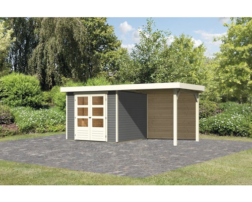 KARIBU Tuinhuis Kodiak 3.5 met overkapping en achterwand terra-grijs 462x246 cm Houten tuinhuis met aanbouw op een bestrate ondergrond