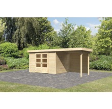 Tuinhuis met dubbele deur en overdekt terras in de tuin