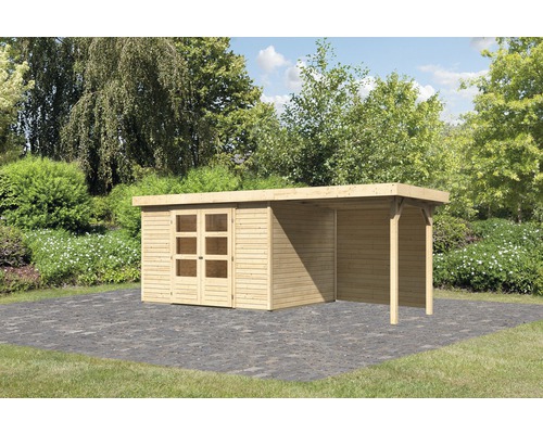 KARIBU Tuinhuis Kodiak 5 met overkapping en achterwand naturel 522x246 cm Tuinhuis met dubbele deur en overdekt terras in de tuin