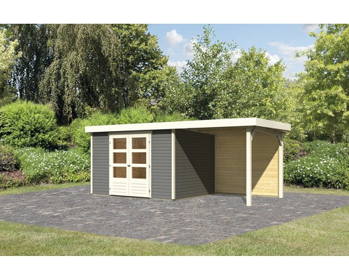 KARIBU Tuinhuis Kodiak 5 met overkapping en achterwand terra-grijs 522x246 cm Tuinhuis met aanbouw in de tuin