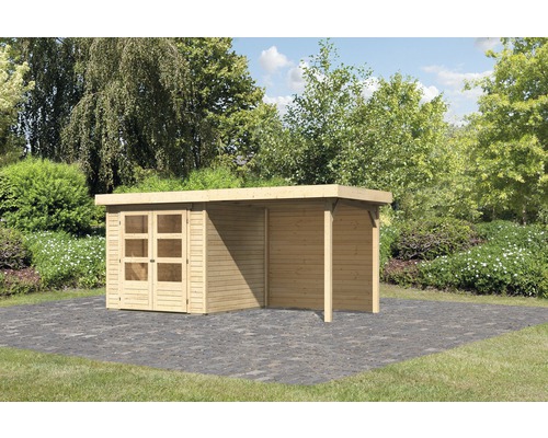KARIBU Tuinhuis Kodiak 2 met overkapping en achterwand naturel 433x217 cm Houten tuinhuis met dubbele deur en aanbouw in de tuin