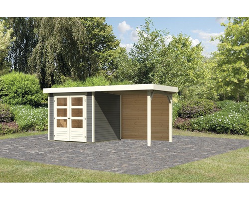 KARIBU Tuinhuis Kodiak 2 met overkapping en achterwand terra-grijs 433x217 cm Tuinhuis met overdekte ruimte in de tuin