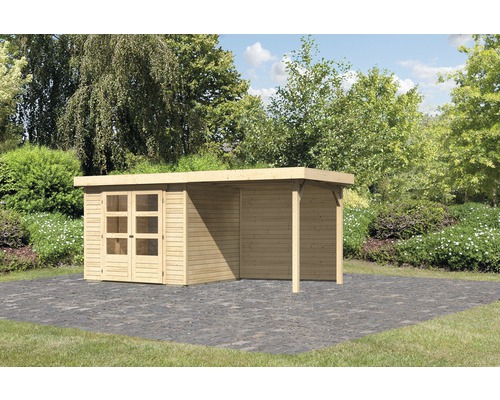 KARIBU Tuinhuis Kodiak 3 met overkapping en achterwand naturel 462x217 cm Tuinhuis met aanbouw op een betegelde ondergrond