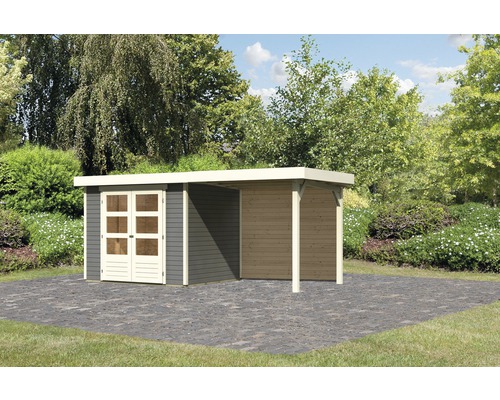 KARIBU Tuinhuis Kodiak 3 met overkapping en achterwand terra-grijs 462x217 cm Tuinhuis met overdekte veranda in de tuin