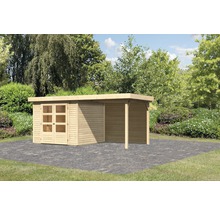 Houten tuinhuis met aanbouw op stenen tegels