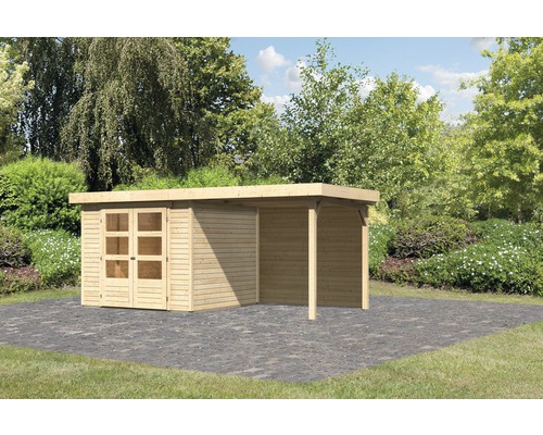 KARIBU Tuinhuis Kodiak 3.5 met overkapping en achterwand naturel 462x246 cm Houten tuinhuis met aanbouw op stenen tegels