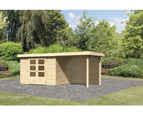 KARIBU Tuinhuis Kodiak 4 met overkapping en achterwand naturel 522x217 cm Houten tuinhuis met aanbouw voor bomen
