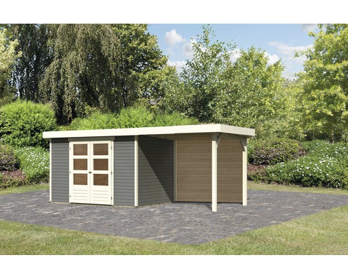 KARIBU Tuinhuis Kodiak 4 met overkapping en achterwand terra-grijs 522x217 cm Tuinhuis met aanbouw op een bestrate ondergrond voor bomen