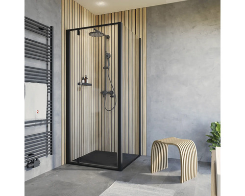 SCHULTE Douchedeur met zijwand ExpressPlus Trend 2.0 zwart 90x90 cm helder glas Badkamer met douchecabine met zwarte omlijsting, handdoekradiator en kruk