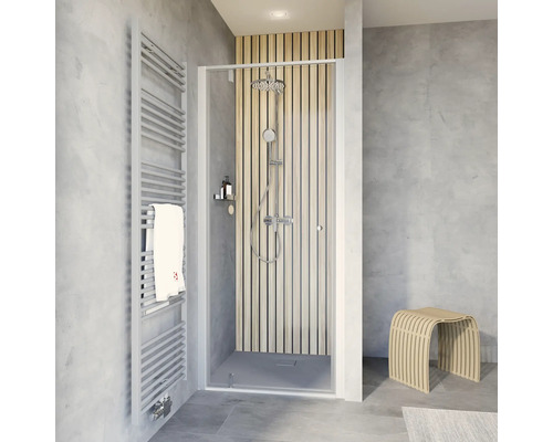 SCHULTE Douchedeur in nis ExpressPlus Trend 2.0 aluminium 90 cm helder glas Moderne badkamer met douche, radiator en houten kruk