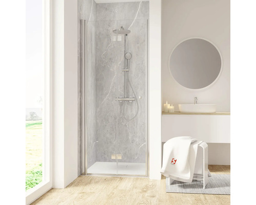 SCHULTE Douchedeur in nis ExpressPlus Garant 2.0 chroom 90 cm helder glas Moderne badkamer met douche, wastafel, spiegel en kruk met handdoek
