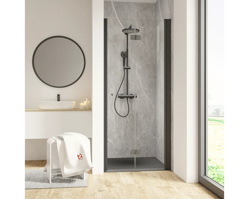 SCHULTE Douchedeur in nis ExpressPlus Garant 2.0 zwart 90 cm helder glas Moderne badkamer met douchecabine, wastafel, spiegel en kruk