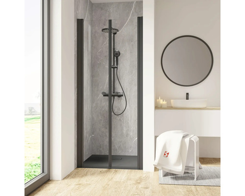 SCHULTE Douchedeur in nis ExpressPlus Garant 2.0 zwart 90 cm helder glas Moderne badkamer met zwarte douchecabine, wastafel en ronde spiegel