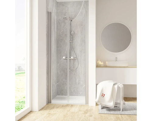 SCHULTE Douchedeur in nis ExpressPlus Garant 2.0 aluminium 100 cm helder glas Moderne badkamer met douchecabine, wastafel en spiegel