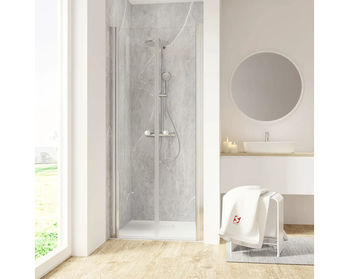 SCHULTE Douchedeur in nis ExpressPlus Garant 2.0 chroom 100 cm helder glas Moderne badkamer met douchecabine, wastafel en spiegel