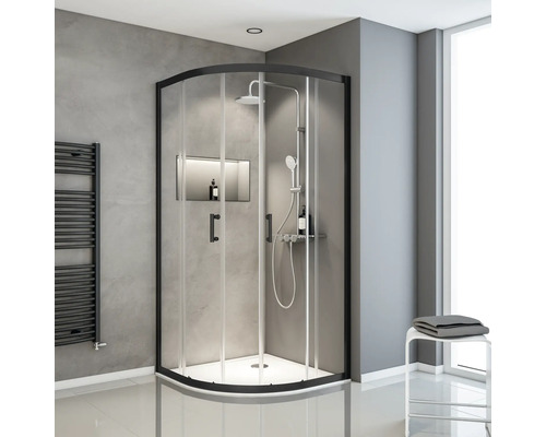 SCHULTE Douchecabine kwartrond ExpressPlus Sunny zwart 90x90 cm helder glas Hoekdouche met zwart frame, hoofd- en handdouche in badkamer