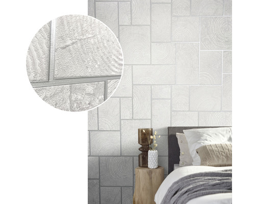 Scène met een wit behang met houten blokmotief in een slaapkamer