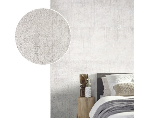 Lichte slaapkamer met wit structuurbehang en vergrote detailweergave