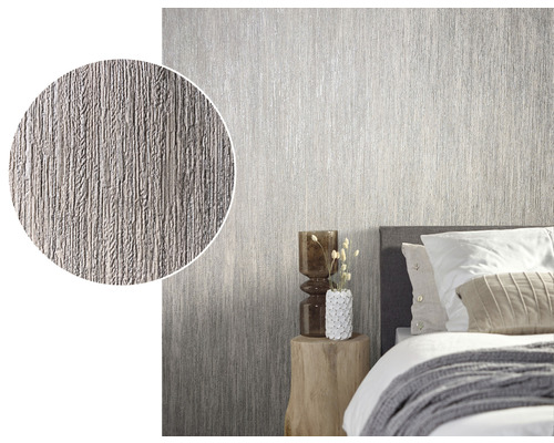 Slaapkamer met structuurbehang op de muur en een uitvergrote uitsnede van de behangstructuur