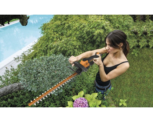 Vrouw snoeit heg met een heggenschaar in de tuin.