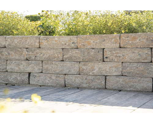 Een tuinmuur van stenen blokken met beplanting.