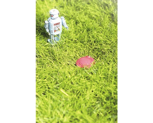 Speelgoedrobot en rode robotstofzuiger op gazon