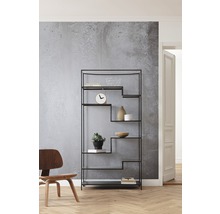 Zwarte metalen open kast met vijf niveaus in een lichte ruimte.