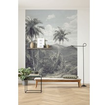Woonkamer met fotobehang met landschapsmotief, bank en staande lamp