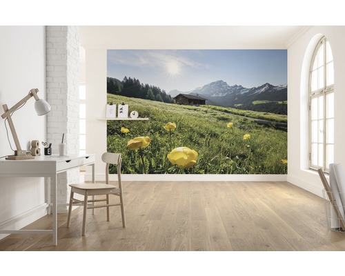 KOMAR Fotobehang vlies SHX8-003 Wanderlust - Stefan Hefele Alpine Happiness 400x280 cm Fotobehang met berglandschap en alpenhut in een heldere kamer