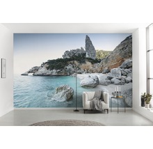 Woonkamer met fotobehang van een rotskust, dat een heldere, ruimtelijke sfeer creëert