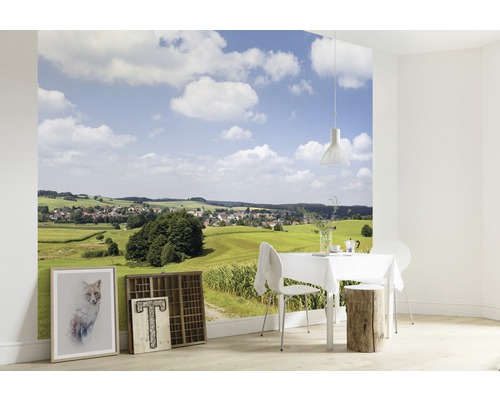 Fotobehang met landschapmotief in een lichte eetkamer