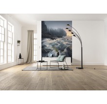 Lichte woonkamer met houten vloer, fotobehang met riviermotief en zwarte booglamp.