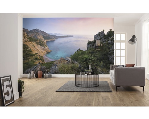 Woonkamer met fotobehang van een kustlandschap