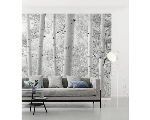Woonkamer met fotobehang berkenbos, bank, vloerlamp en tafel