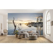 Woonkamer met fotobehang dat een meer bij zonsondergang voorstelt