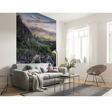 Lichte woonkamer met bank, tapijt en fotobehang met bergmotief