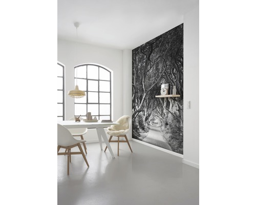 Lichte eetkamer met eettafel, stoelen en een fotobehang met een bomenlaan