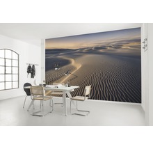 Woonkamer met foto van een zandduinlandschap dat een rustige sfeer creëert.