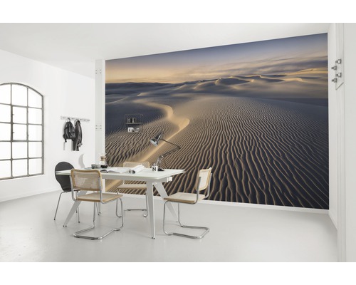 Woonkamer met foto van een zandduinlandschap dat een rustige sfeer creëert.