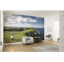 Woonkamer met fotobehang van een kustlandschap met schaap