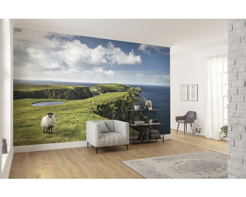Woonkamer met fotobehang van een kustlandschap met schaap