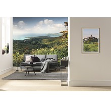 Woonkamer met fotobehang, bank, vloerkleed en schilderij