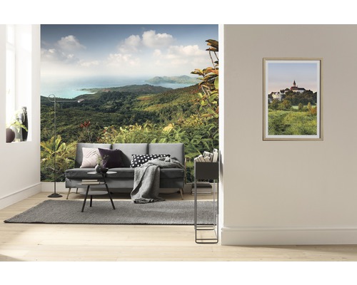 KOMAR Fotobehang vlies SHX9-043 Wanderlust - Stefan Hefele Heavens Balcony 450x280 cm Woonkamer met fotobehang, bank, vloerkleed en schilderij